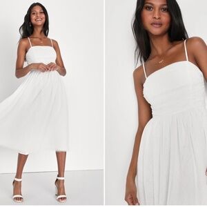 LULU's Bridal Shower Engagement Swiss Dot Romantic Flowy Midi Dress